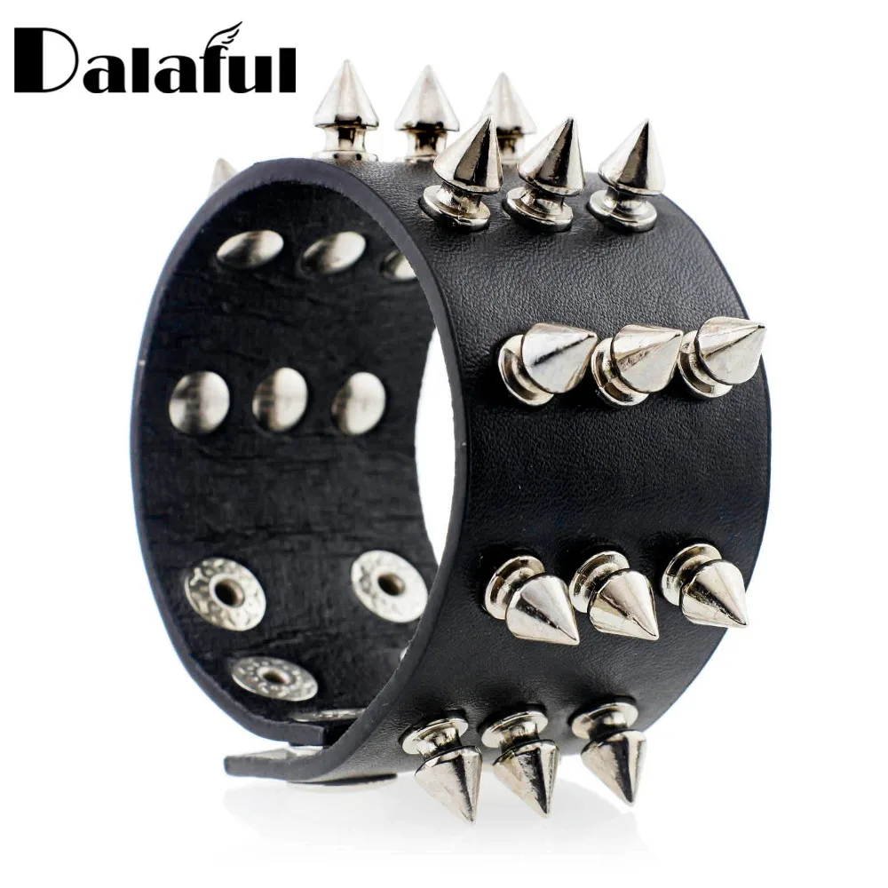 

Punk Gothic Rock Three Row Metal Cone Stud Spikes Rivet Leather Wristband Bangle Wide Cuff Bracelet S158