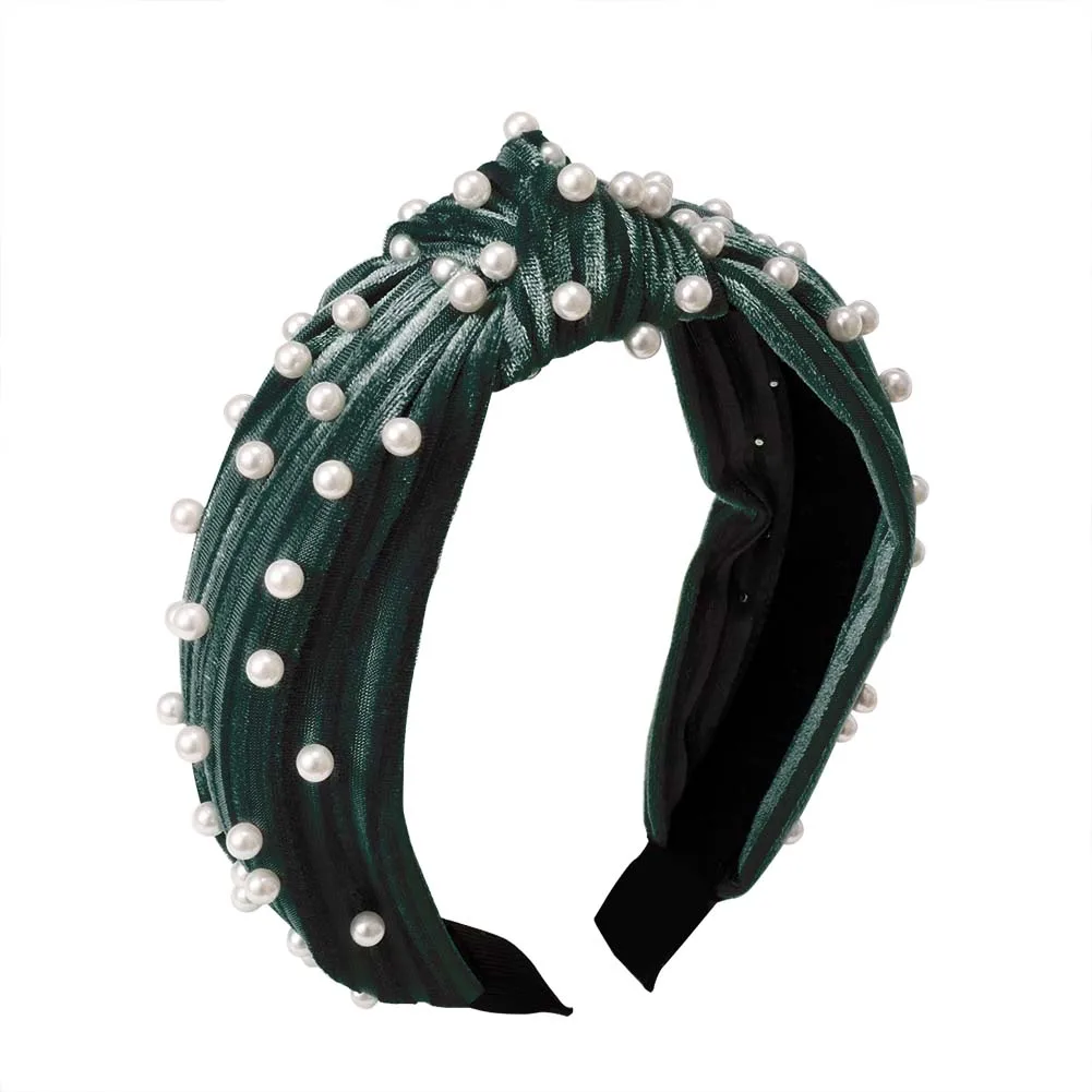 Dark green Горячая Женская лента для волос мягкий бархат искусственный жемчуг центр узел широкая повязка для волос для повседневной носки MSK66 - Цвет: Dark green