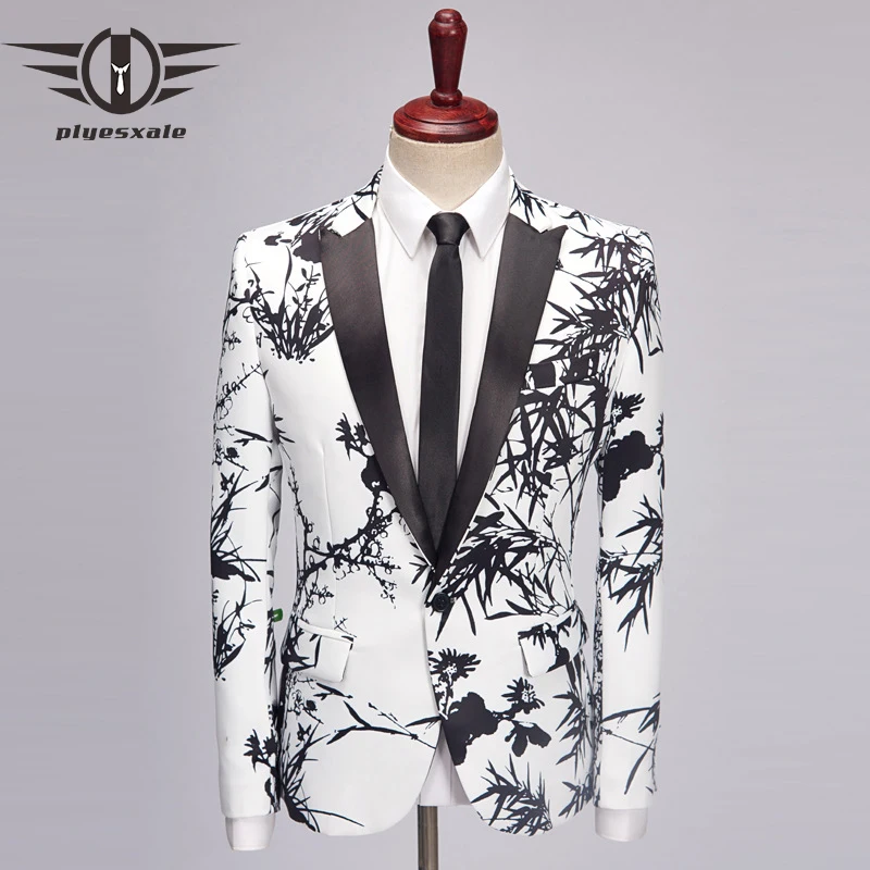 

Plyesxale Casual Male Blazer Jacket 2018 Slim Fit White Black Bamboo Print Blazer Men High Quality Mens Prom Party Blazers Q468