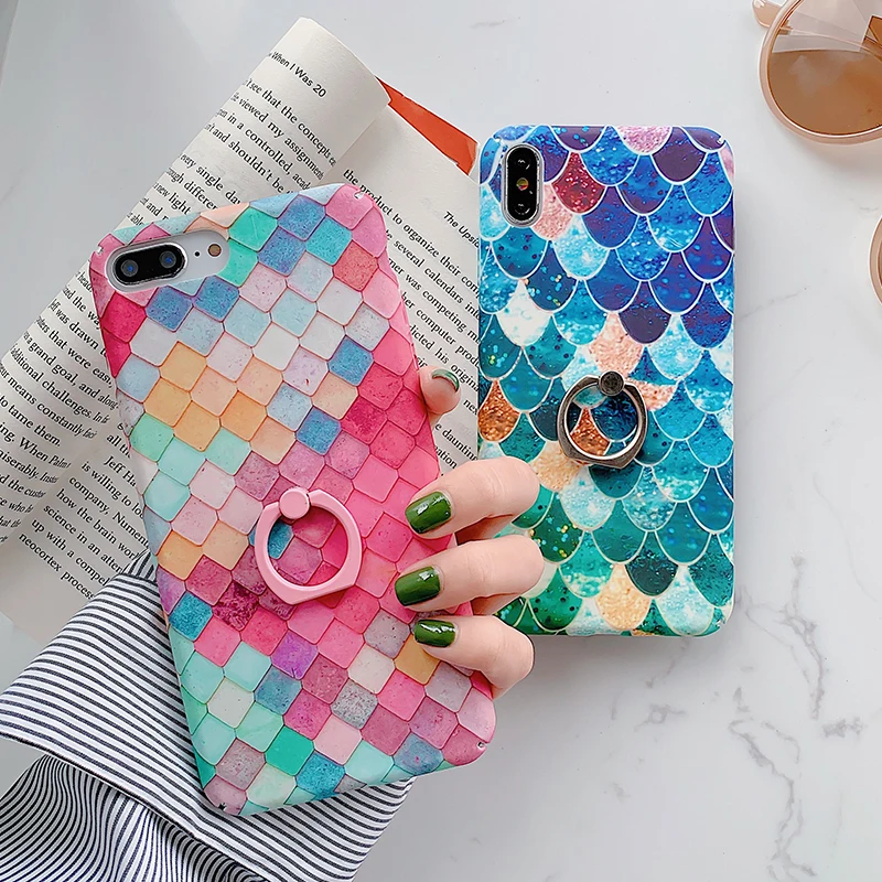 

Ring Grip phone Case For iphone X Case For iphone XR Xs max 7 8 6 6s plus Mermaid Scales Pattern Phone Holder Cover