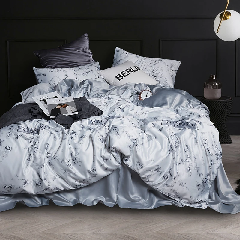 

Stone Print Letter Duvet Cover Bed Sheet Pillowcase Queen/King Silk Bedding Quilt/Duvet Cover Sets,Satin Silk Bedding Sets 4 Pcs