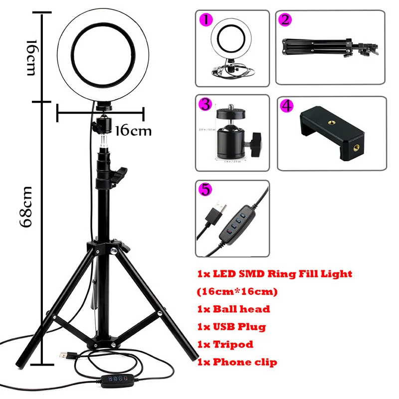 " 16 см фотография с регулируемой яркостью светодиодный селфи кольцо свет студия видео Live 3200-5500 k камера телефон лампа для фотосъемки с USB вилкой штатив - Цвет: 5600 К