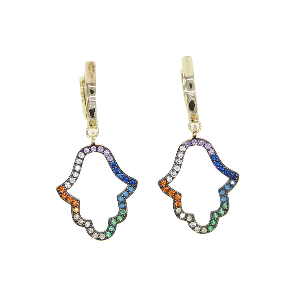 

Gold color rainbow hollow hamsa hand dangle charm Chic adorable women jewelry hand earring