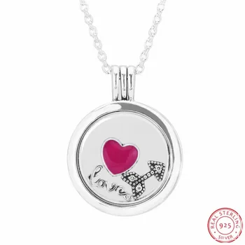 

925 Sterling Silver Large Floating Locket Magenta Heart & Arrow & Love Script Petite Pendants Necklaces for Women 75cm FLN028E