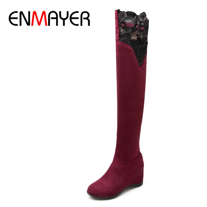 

ENMAYER Winter Height Increasing Long Boots Over-the-Knee Slip-On Thigh High Sexy Extreme High Heels Platform Lace Women Boots