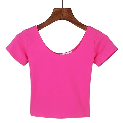 Летняя женская футболка с коротким рукавом и О-образным вырезом, повседневные хлопковые топы черного, белого, красного, желтого цвета, женские футболки, женский короткий топ - Цвет: rose pink