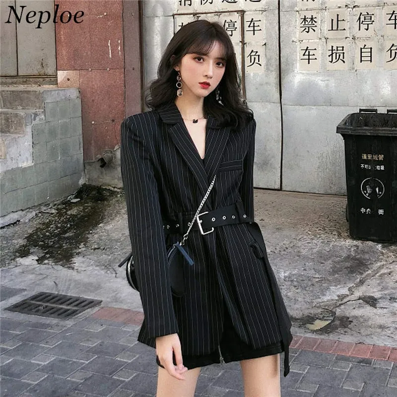 

Neploe Korean Striped Black Blazer Medium-long Sashes Design Jacket Long SLeeve Notched Coat Woman Causal Blazers 37664