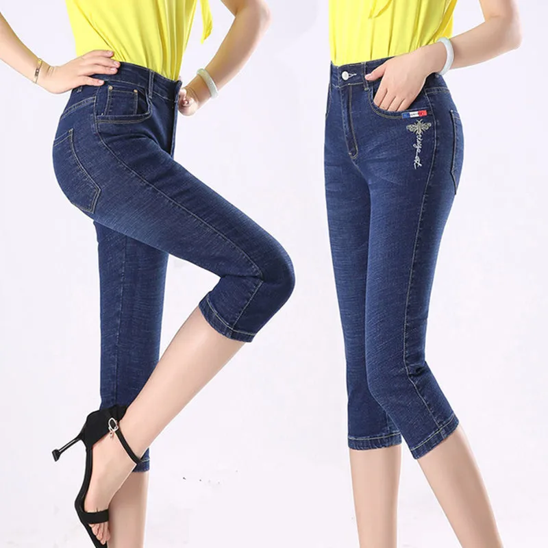 

Summer Pants Skinny Women Capris Jeans Knee Length Denim Shorts Jeans Slim Embroidery Pants Female Stretch Plus Size Free Ship