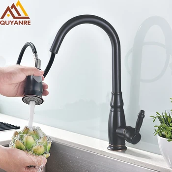 

Quyanre Black Kitchen Faucet Pull Out Kitchen Faucet Single Handle Hot Cold Water Mixer 360 Rotation Torneira Cozinha Rotate Tap