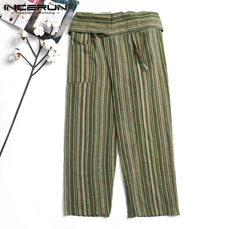 INCERUN Для мужчин тайские штаны для рыбалки полосатый хлопок Винтаж свободные Повседневное широкую ногу Йога-Штаны карманов бегунов Брюки Для мужчин S-5XL - Цвет: Army Green Pants