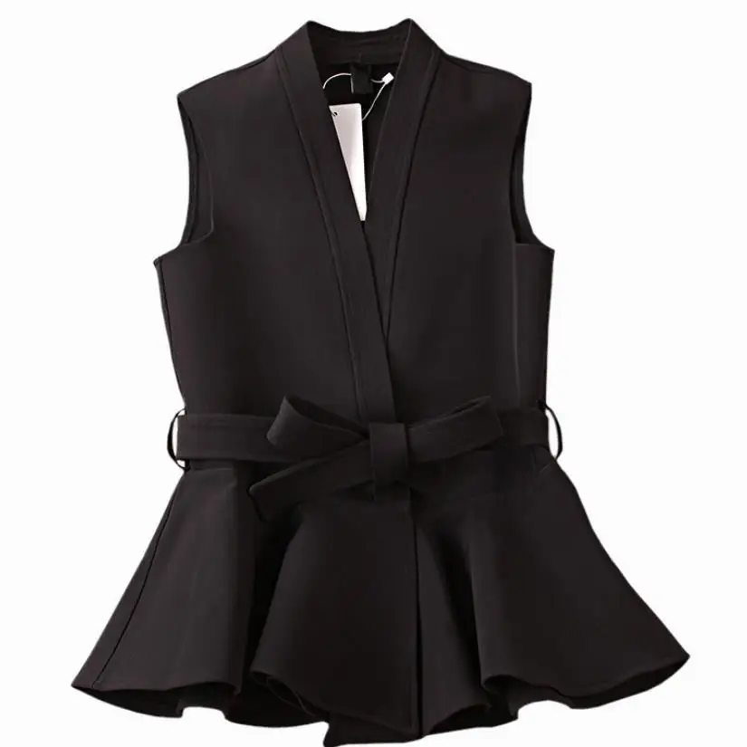 2017 new spring and autumn women's jacket with belt ruffles vest Waistcoat Women Casual ol Coat