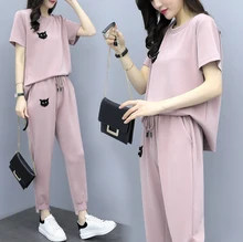New style t-shirt + pants two-piece suit Summer new ladies sports suit Fashion Korean version of loose casual two-piece suit pants pants summer seven sleeved suit suit male korean version of the slim fashion hair stylist trend leisure suit two piece