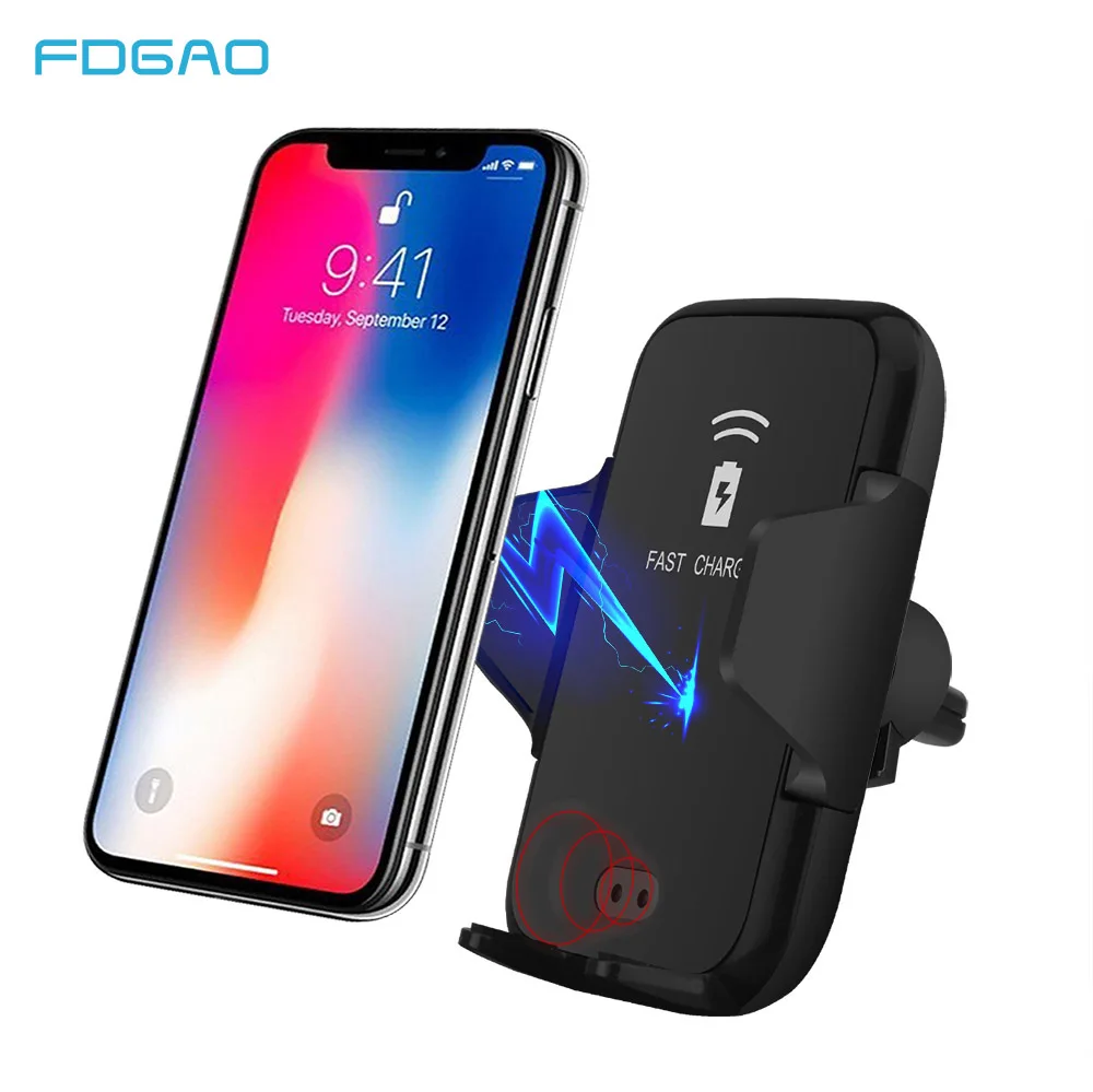 FDGAO QI Fast Qi Wireless Car Charger 10W Automatic Clamping Car Phone Holder for iPhone 8 X XR XS Max Samsung S10 S9 S8 Note 9