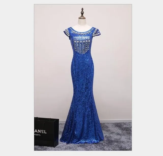 Длинное роскошное вечернее платье с блестками и рукавами-крылышками, стразы, бисероплетение, вечернее платье, золотое, серебряное, торжественное платье русалки - Цвет: Royal blue