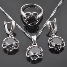 Clássico casamento jóias preto zircônia para mulher 925 conjuntos de jóias de prata cristal earringspendant colar anéis qz0246(China)