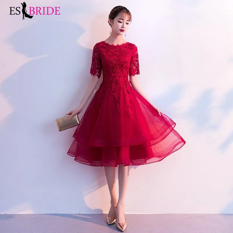 

Red Sexy Women Elegant Evening Dresses Round Collar Short Sleeve A-Line Slim Chiffon short Evening Formal Party Dress ES1189