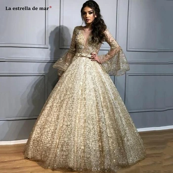 

Luxury Ball Gown Evening Dresses V Neck Puffy Long Sleeves Sequined Prom Dress Dubai Bling Crystal Party Pageant Gowns Plus