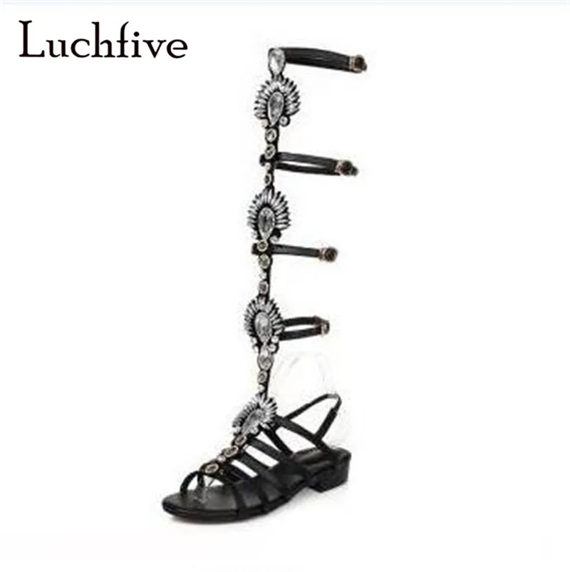 

Sexy Summer long boots Crystal women sandals open toe summer comfortable flat gladiators stiletto black gold sandalias mujer