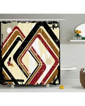 

Abstract Shower Curtain Retro Trippy Form Ruby Print For Bathroom Waterproof And mildew resistant Set Hooks