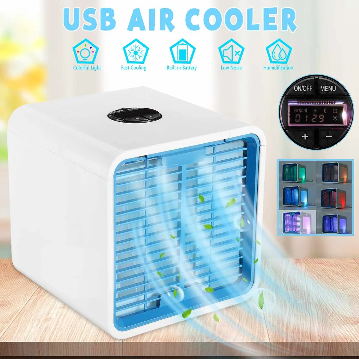 

Mini Portable Air Conditioner Cooler Cool Cooling Fan Purify Humidifier 6 Colors LED Lights for Office Home Room USB Charging