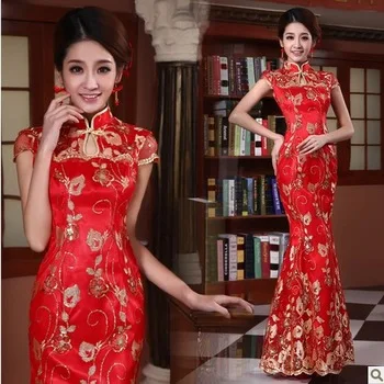 2017 traditional trailing style modern qipao long silk cheongsam chinese evening chinese wedding dress red lace dresses