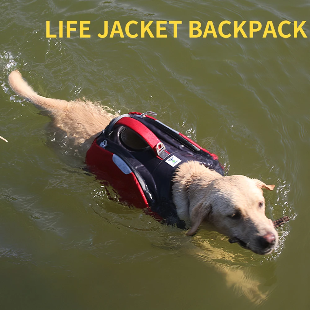 

Durable Waterproof Dog Life Swim Jacket Travel Backpack Saddlebag Bag For Large Dogs Pets With D-ring Leash Attachment