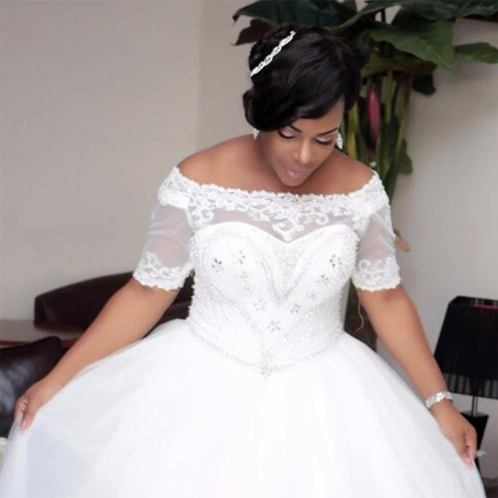 Fansmile Vestido De Noiva винтажное свадебное платье ручной работы с жемчугом свадебное Тюлевое FSM-090F с короткими рукавами