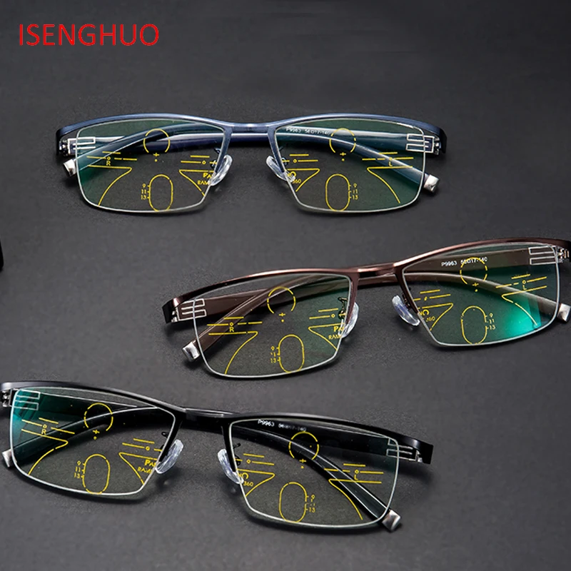 

ISENGHUO Fashion Quality Men Style Titanium Alloy Progressive Reading Glasses Multifocal Half Rim CR39 Presbyopia Eyeglasses