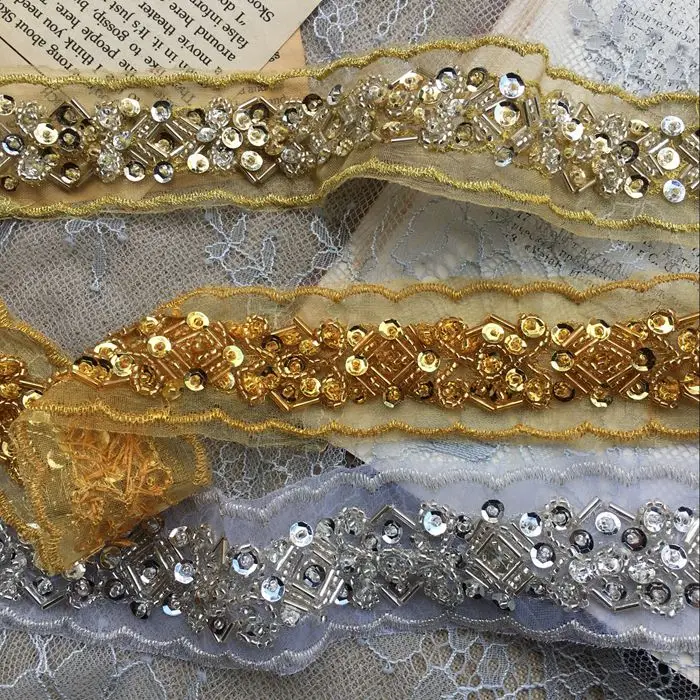 Gold mesh beaded embroidered lace trim costume decoration stitching