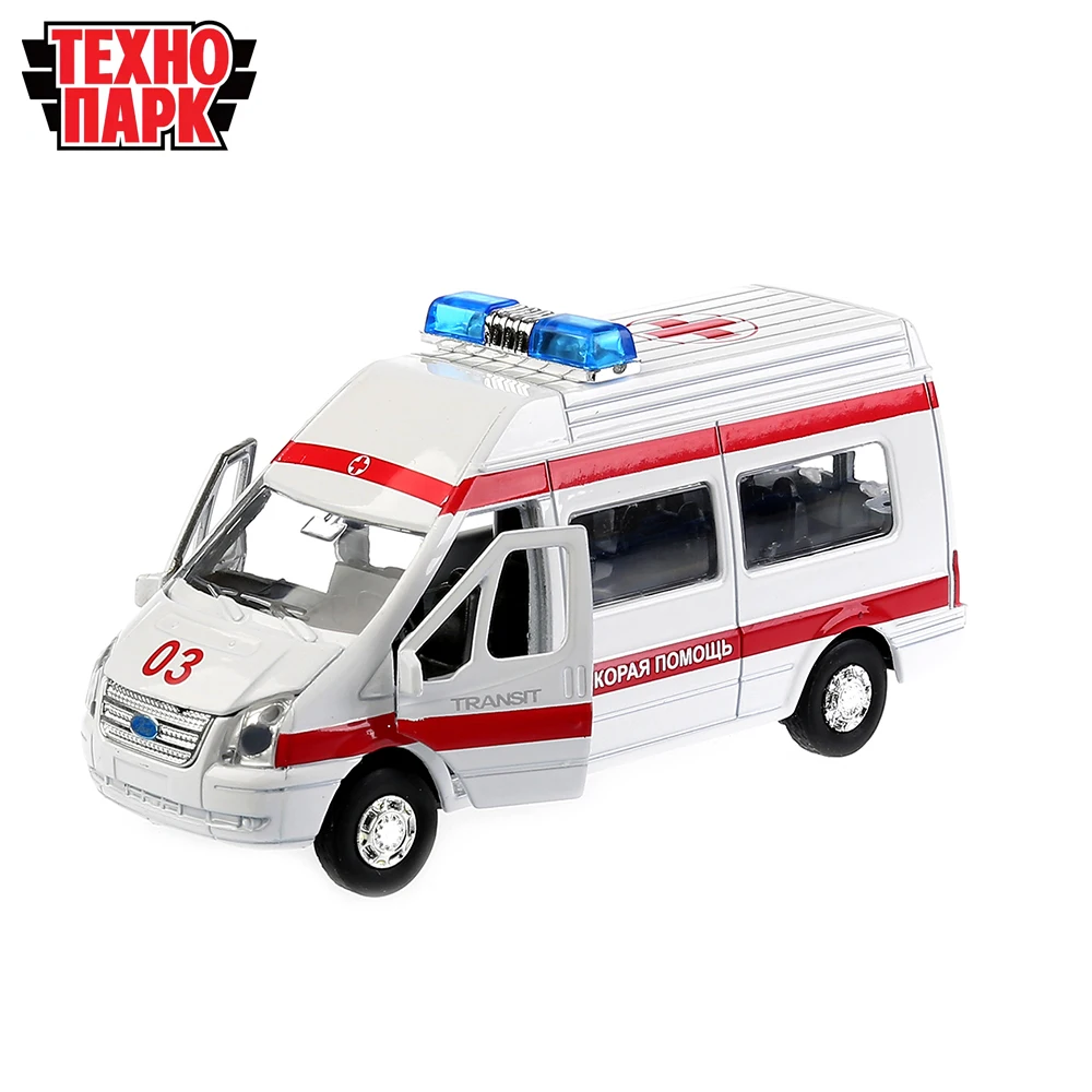 Машина ТЕХНОПАРК FORD TRANSIT Скорая помощь масштаб 1:32 металлический корпус