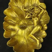 Изысканный Китай Латунь листьев Лотоса Belle Статуя На Пепельница Лист