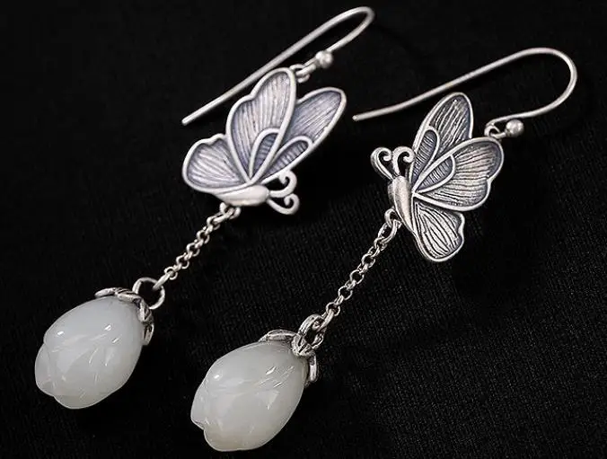 

Sterling S925 925 silver Drop Earrings butterfly natural stone for woman earring vintage trendy 55MM