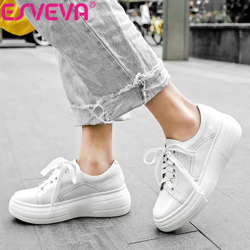 

ESVEVA 2019 Women Shoes Platform New Cow Patent Leather PU All Match Lace Up Comfortable Spring/autumn Women Pumps Size 34-42