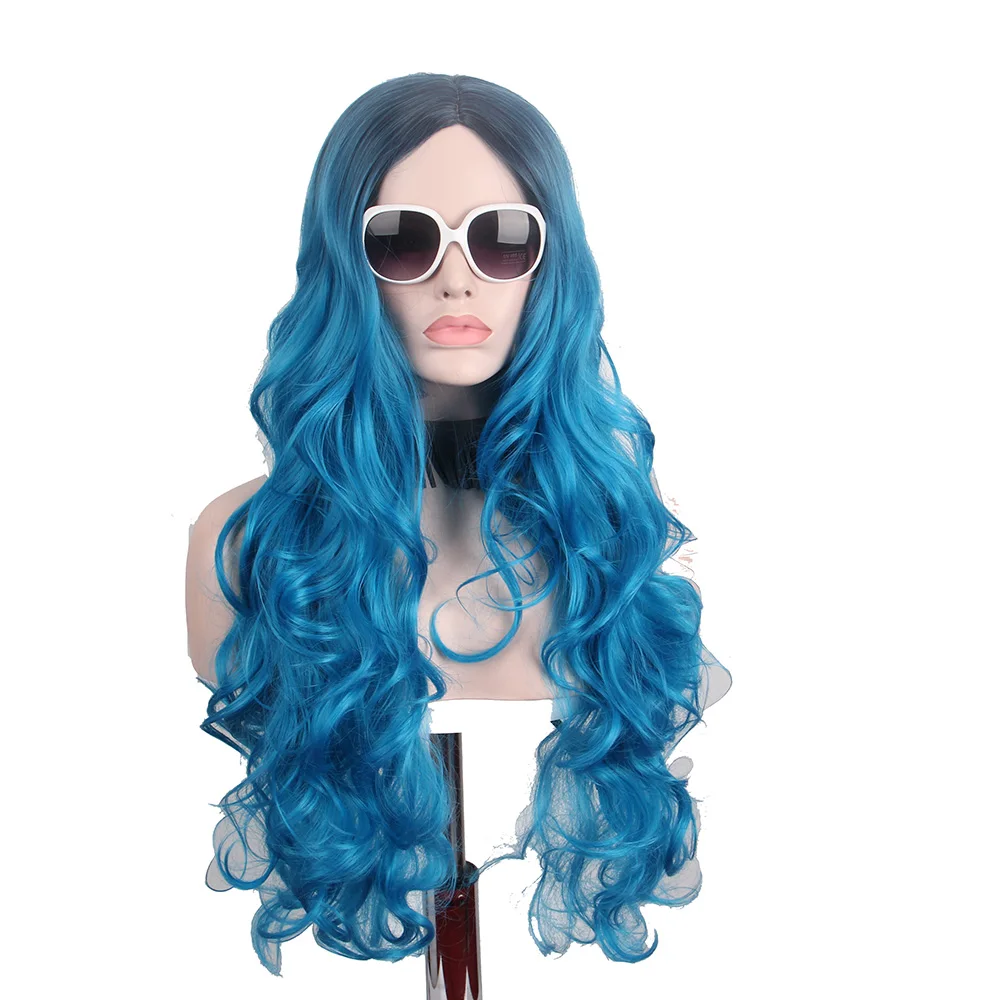 

Long Wigs for Black Women Anime Black Root Blue Synthetic Hairs Big Wave Ombre Cosplay Anime Kinky Ombre Cos Halloween Costumes