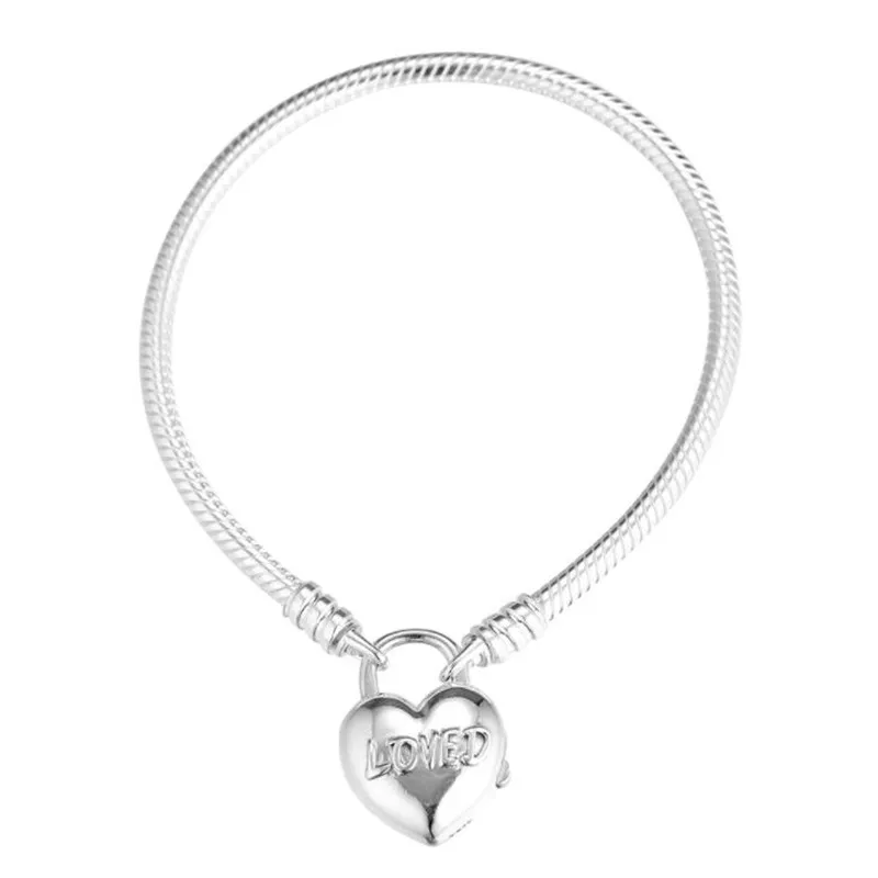 

Original 925 Sterling Silver You Are Loved Heart Padlock Bracelets Alphabet Clip Lock Snake Chain Bracelet DIY Making Jewelry