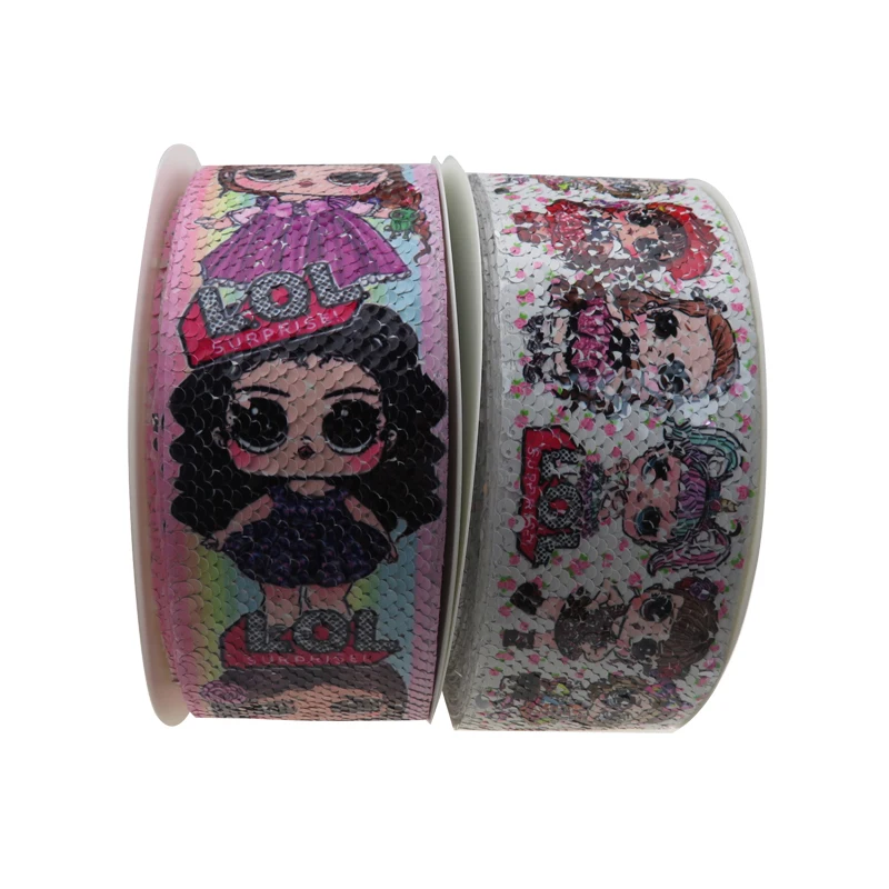 

3” 75mm Heat Transfer Cute Lovely Cartoon Girls Printed Sequin Fabric Ribbon for Dress DIY Decoration accept Customized order