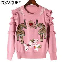 Весна осень подиум стиль женский модный розовый цвет свитер Леопард украшенные цветами с длинным рукавом o-образным вырезом Роскошные Топы SY1585