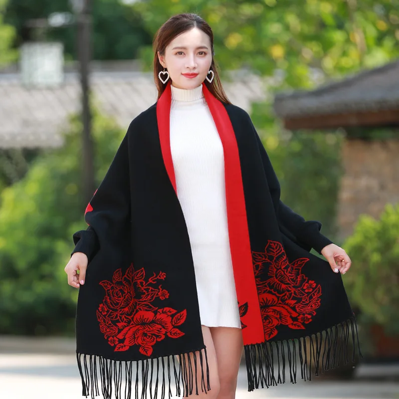New arrival Autumn Winter New Fashion Bat Sleeve Cape Cloak Hooded Shawl Tassels Sweater Women Cashmere Pashmina Wraps