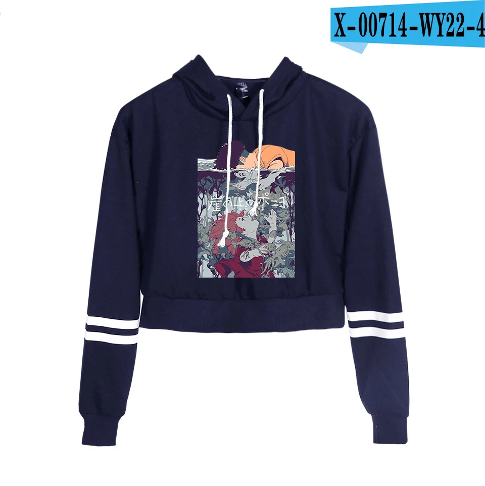 Оранжевая Мода Ponyo On The Cliff Crop Top толстовки женские летние хлопковые Осенние Хип-хоп повседневные женские толстовки с капюшоном для девочек одежда - Цвет: navy blue