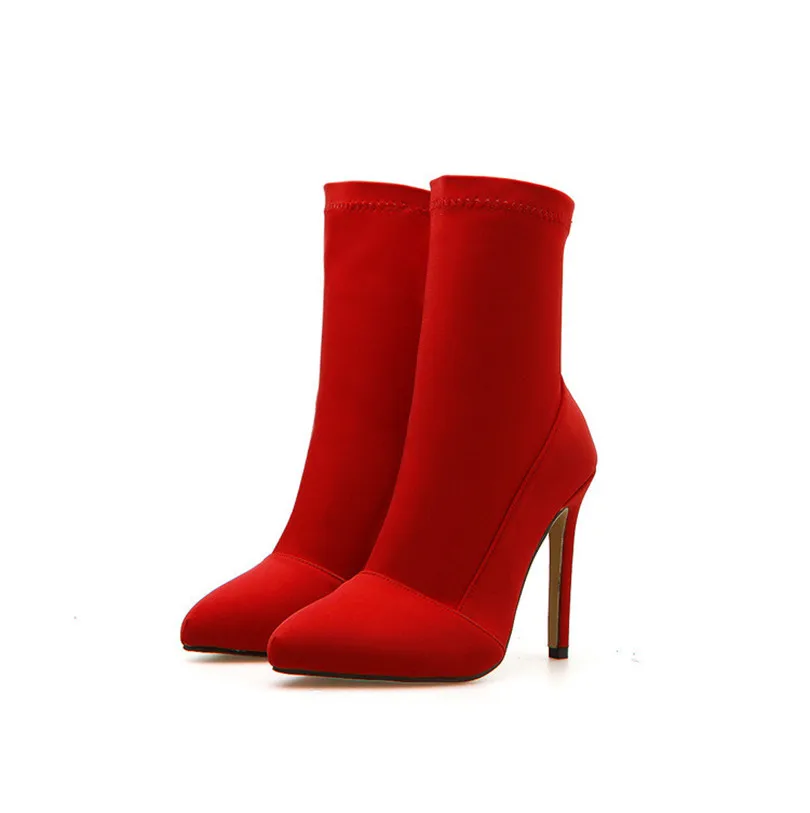 

MoBeiNi Women's high boots short boots autumn and winter new pointed elastic fabric stiletto super high heel thin single shoes