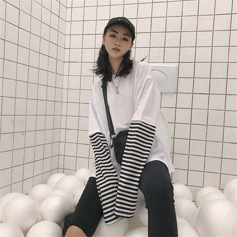 Lychee Harajuku Лоскутные поддельные две части женские футболки повседневные полосатые летние женские футболки свободные с длинным рукавом женские футболки