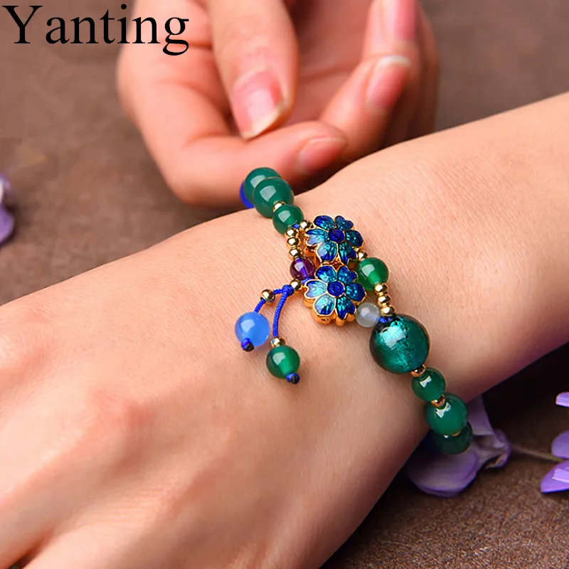 

Yanting Natural Stone Beads Bracelets For Women Glass Glazed Vintage Handmade Ethnic Cloisonne Flower Bracelet Female Gift 028