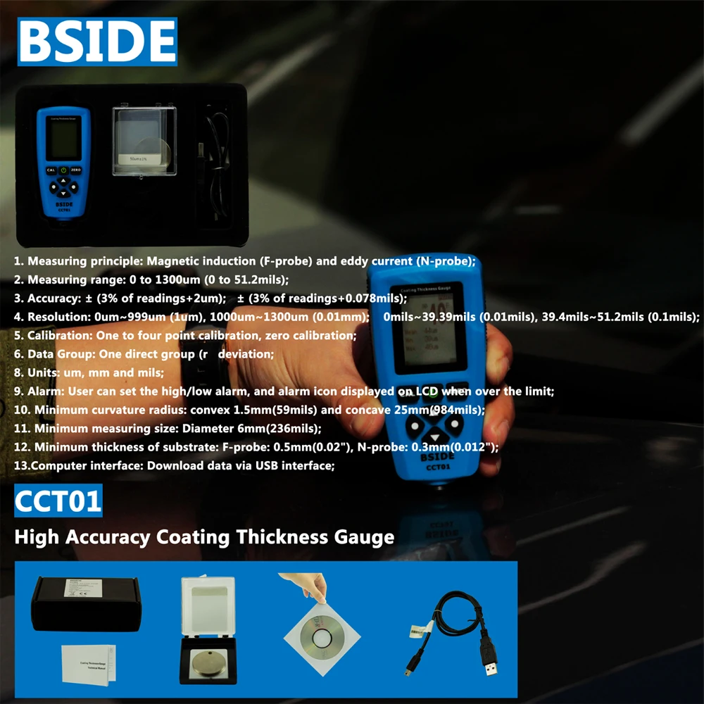 Измеритель толщины покрытия BSIDE CCT01 ЖК дисплей USB интерфейс с одним режимом