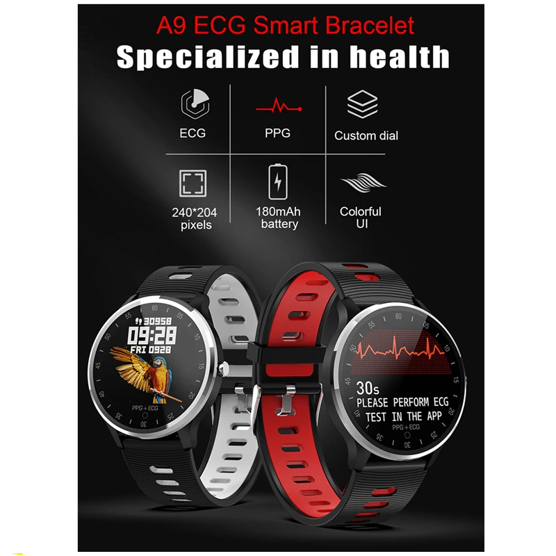 Bakeey A9 ECG+PPG HR Blood Pressure Oxygen Monitor Multi-sport Weather Music Control 1.22inch IPS Racket Screen Smart Watch