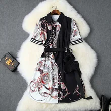 Shirt Dress Summer 2019 Women's New Turn Down Collar Short Sleeves Slim Belted Fashion Vintage Printed Casual Dress Knee Length pocket design letter printed turn down collar short sleeves shirt for men