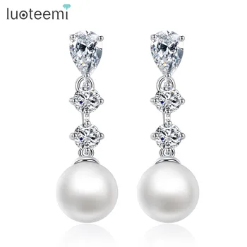

LUOTEEMI Silmple Design Stud Earrings AAA Cubic Zirconia with Imitation Pearl Brincos for Women Jewelry Girl Party Accessories