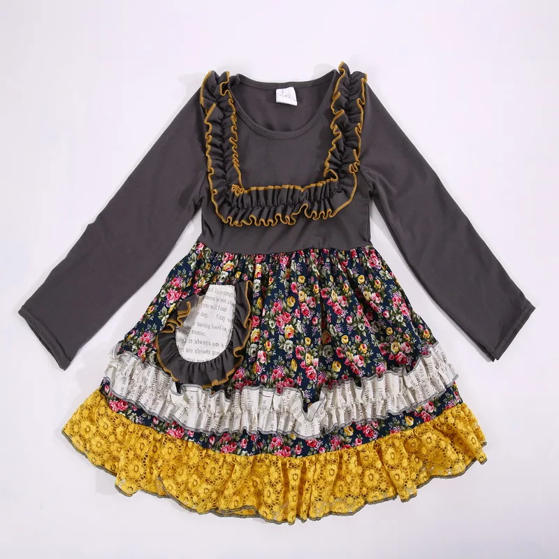 

Vitelline hem Full sleeves style 100%cotton Summer with Ruffle trim and pocket Baby Girls Dress Apparel Accessory for present
