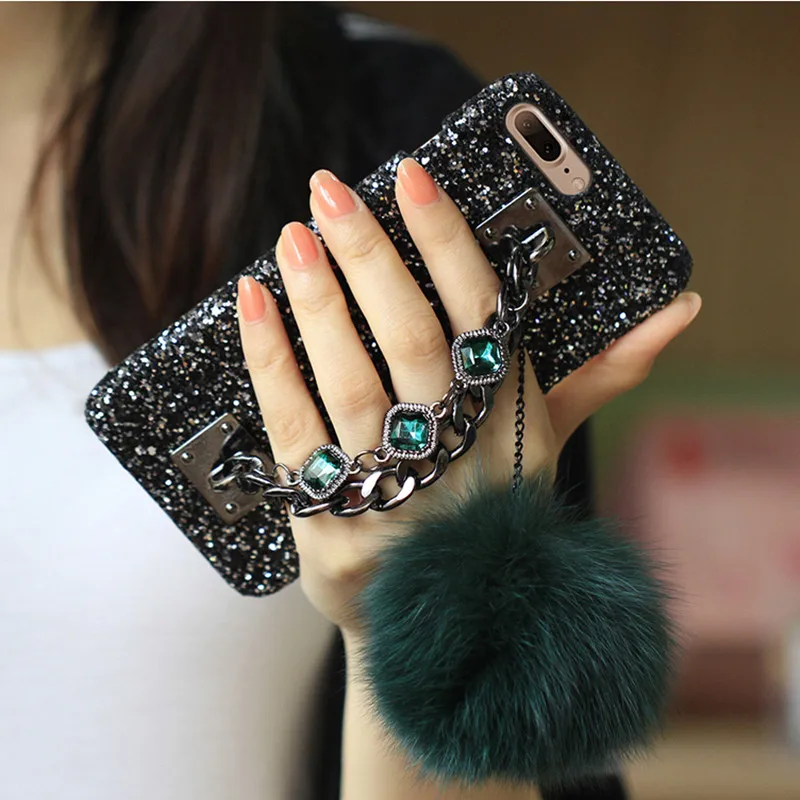 Koop Voor iPhone 6 s Case Glitter Luxe Diamant Gem Armband Keten Kwastje Vossenbont Bal Case Voor iPhone 5 s 6 s 7 8 Plus X XR XS Max Case