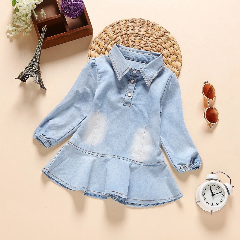 

1-4T Chumhey Baby Girls Dress Summer Girl Jeans Dresses Long Sleeves Cotton Outerwear Toddler Clothes Kids Clothes Bebe Clothing