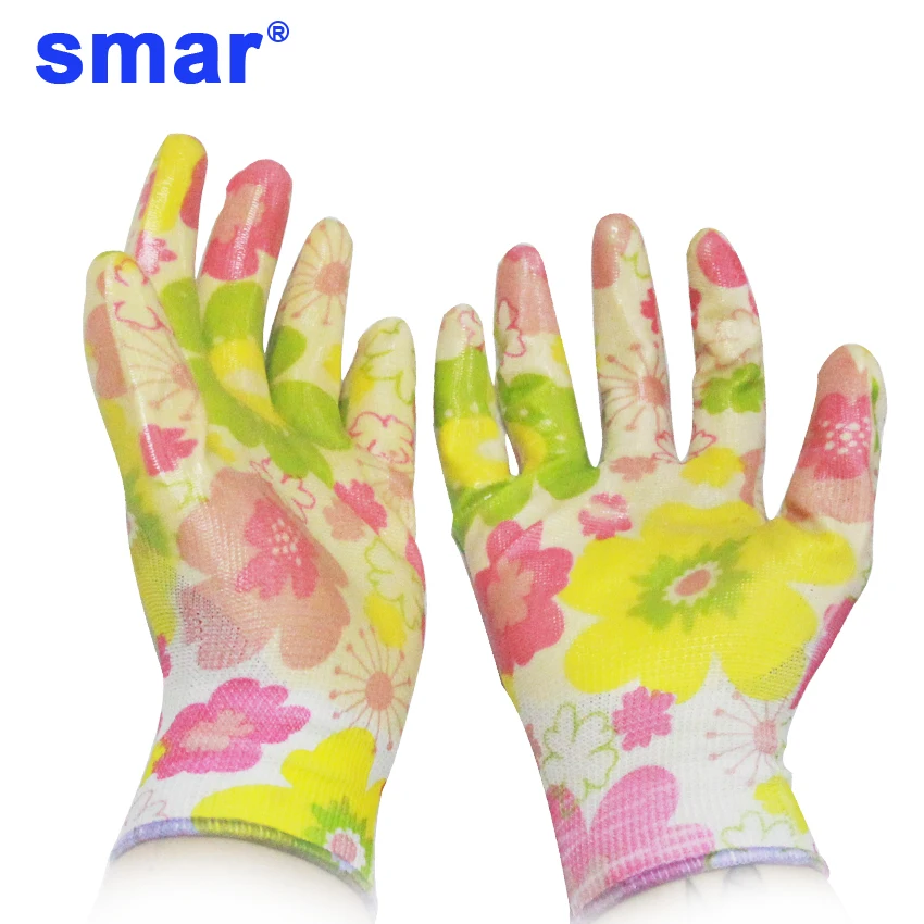 

Smar 5 Pairs Women Yellow Flower Printed Nitrile Labor Gloves Non-Slip Housework Cleaning Breathable Garden Gloves Ladies Hand